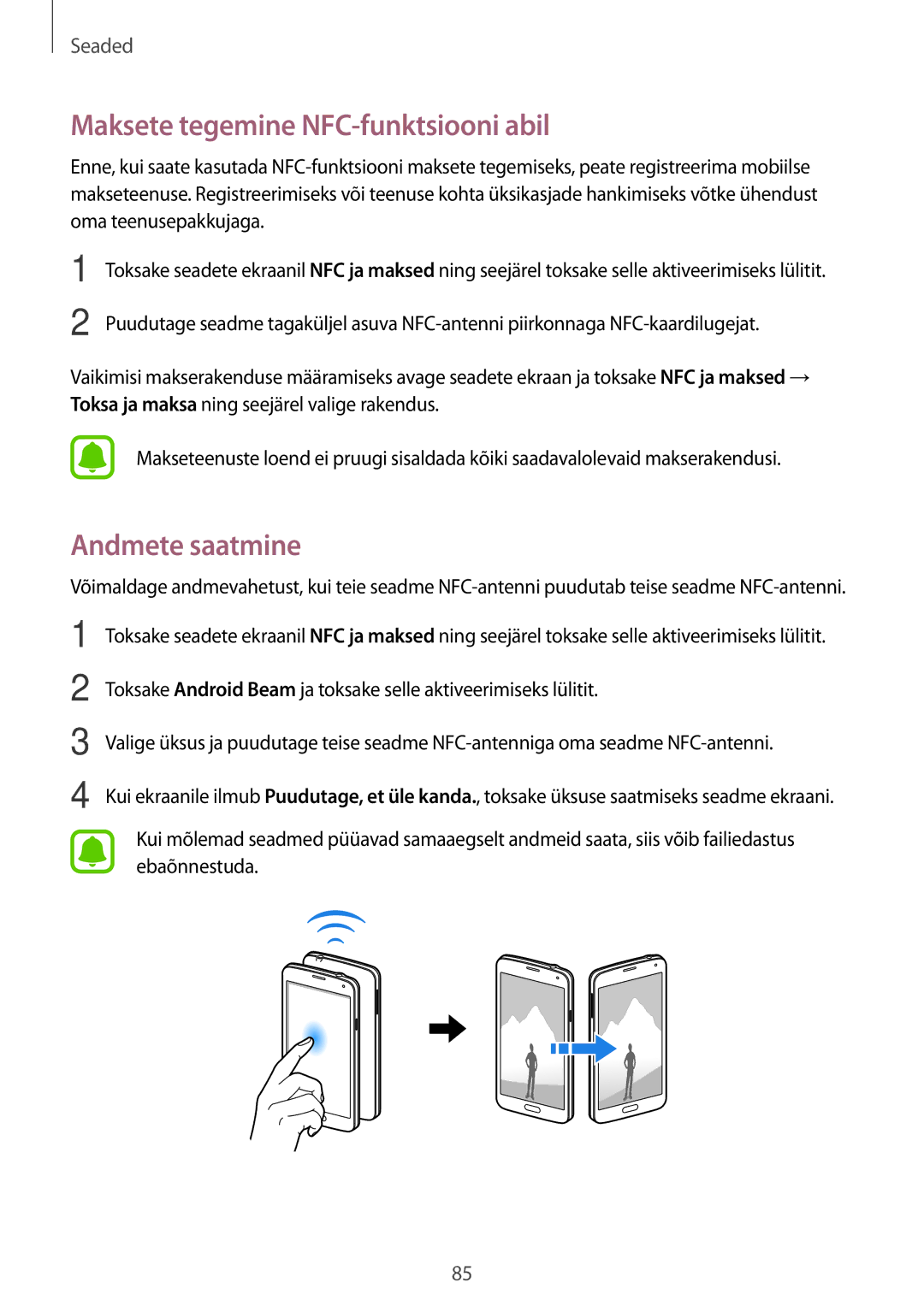 Samsung SM-G903FZKASEB, SM-G903FZSASEB, SM-G903FZDASEB manual Maksete tegemine NFC-funktsiooni abil, Andmete saatmine 