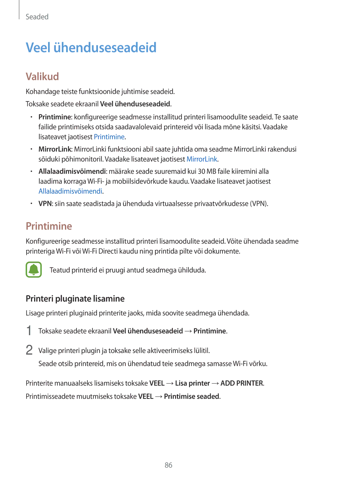 Samsung SM-G903FZDASEB, SM-G903FZSASEB manual Veel ühenduseseadeid, Valikud, Printimine, Printeri pluginate lisamine 