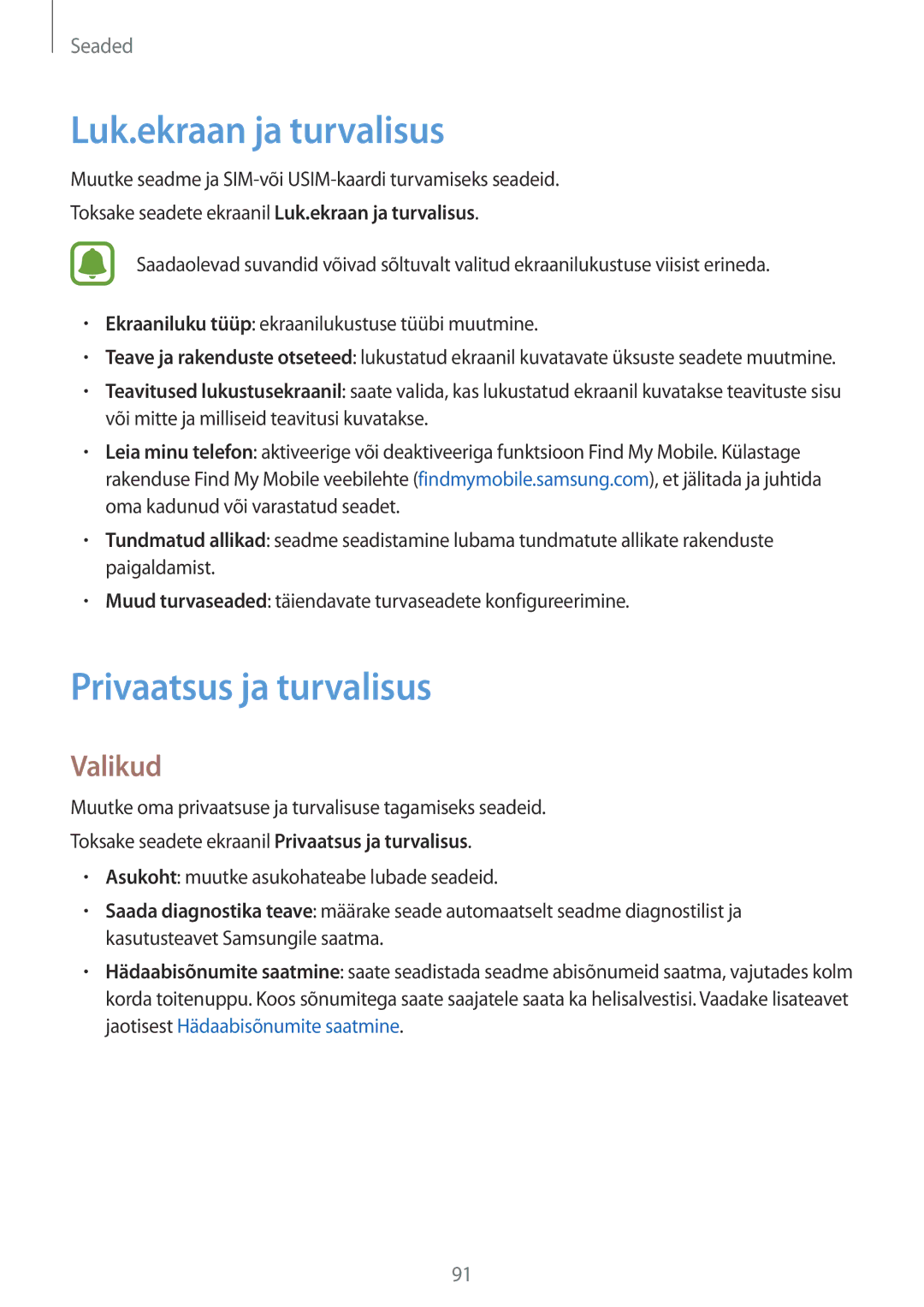 Samsung SM-G903FZKASEB, SM-G903FZSASEB, SM-G903FZDASEB manual Luk.ekraan ja turvalisus, Privaatsus ja turvalisus 