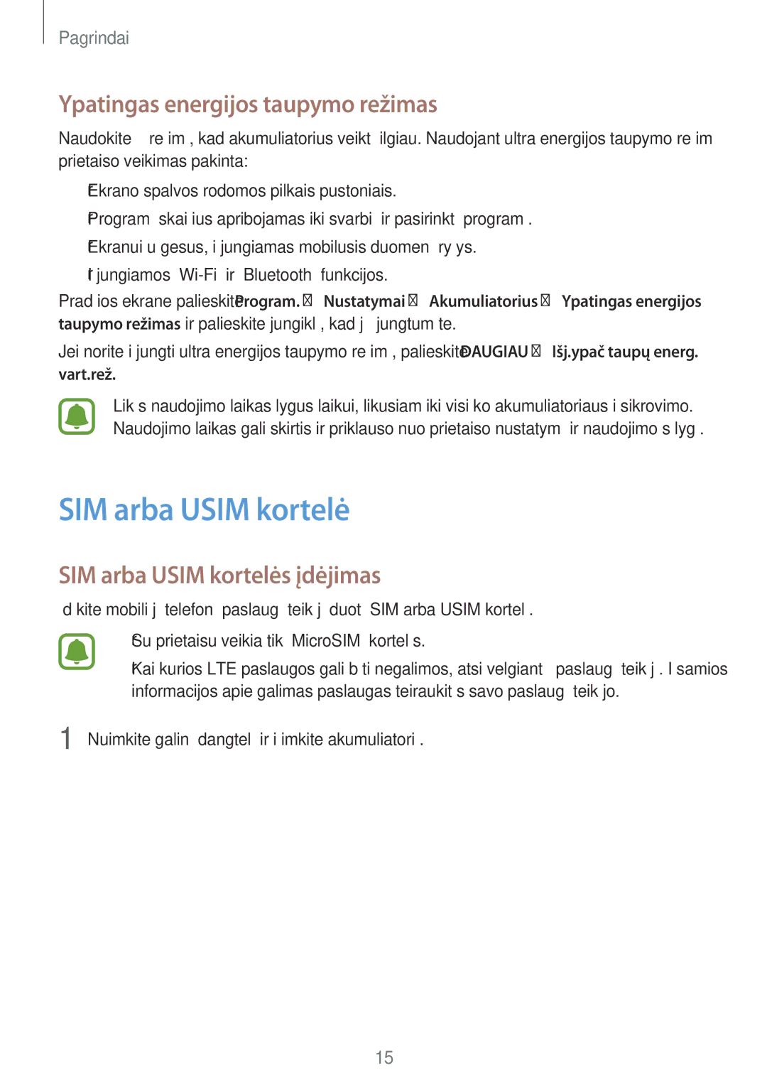 Samsung SM-G903FZSASEB, SM-G903FZKASEB manual Ypatingas energijos taupymo režimas, SIM arba Usim kortelės įdėjimas 