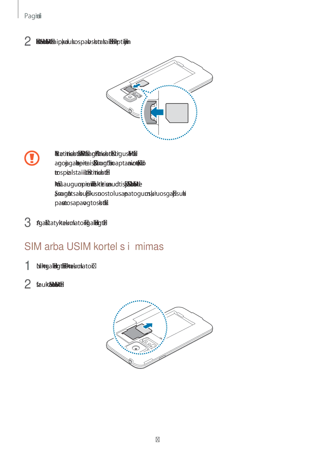 Samsung SM-G903FZKASEB, SM-G903FZSASEB, SM-G903FZDASEB manual SIM arba Usim kortelės išėmimas 