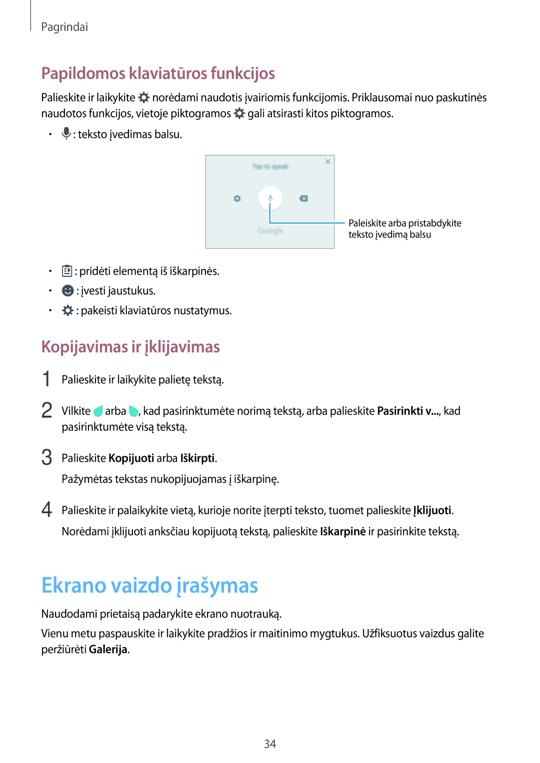 Samsung SM-G903FZKASEB manual Ekrano vaizdo įrašymas, Papildomos klaviatūros funkcijos, Kopijavimas ir įklijavimas 