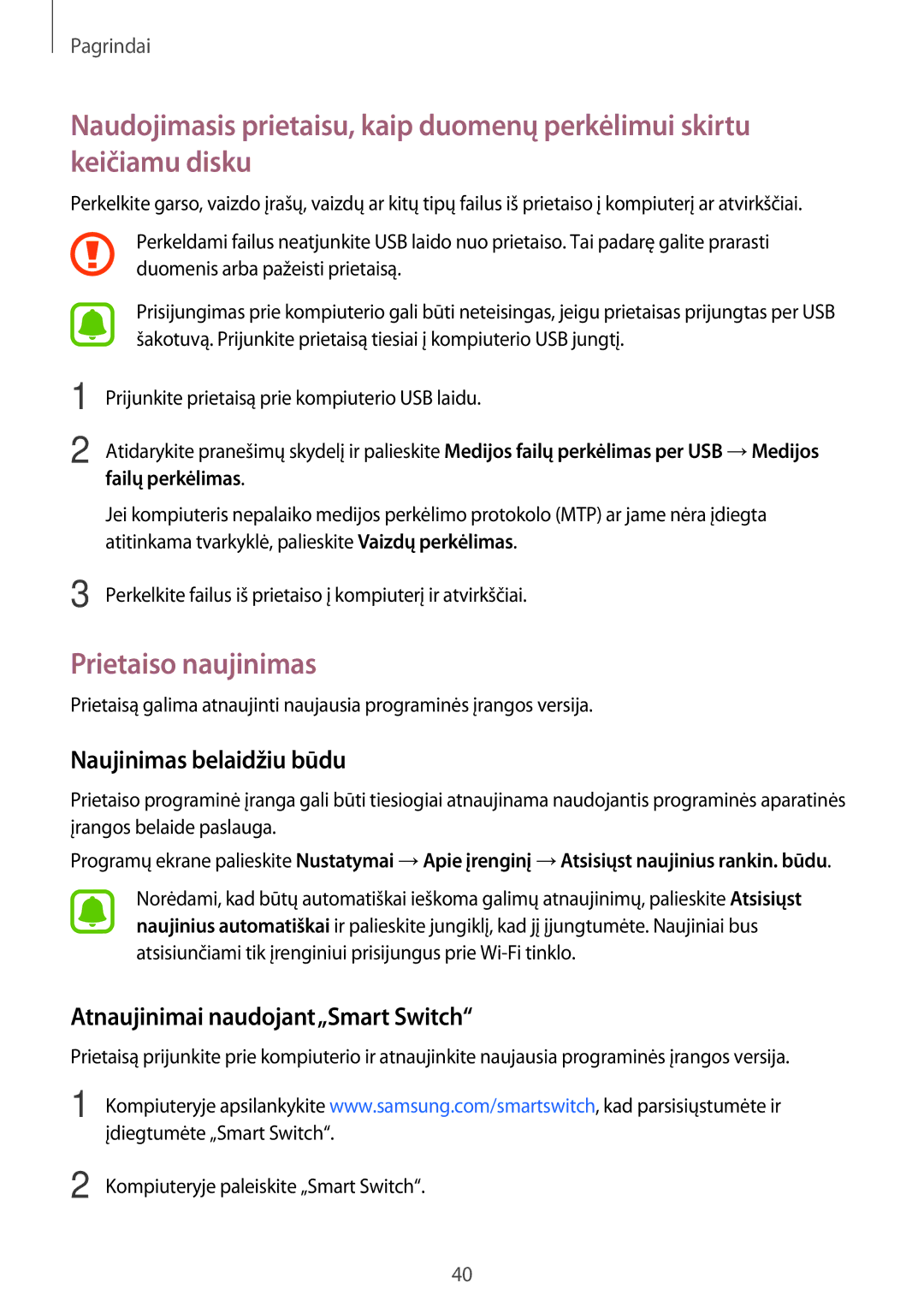 Samsung SM-G903FZKASEB manual Prietaiso naujinimas, Naujinimas belaidžiu būdu, Atnaujinimai naudojant„Smart Switch 