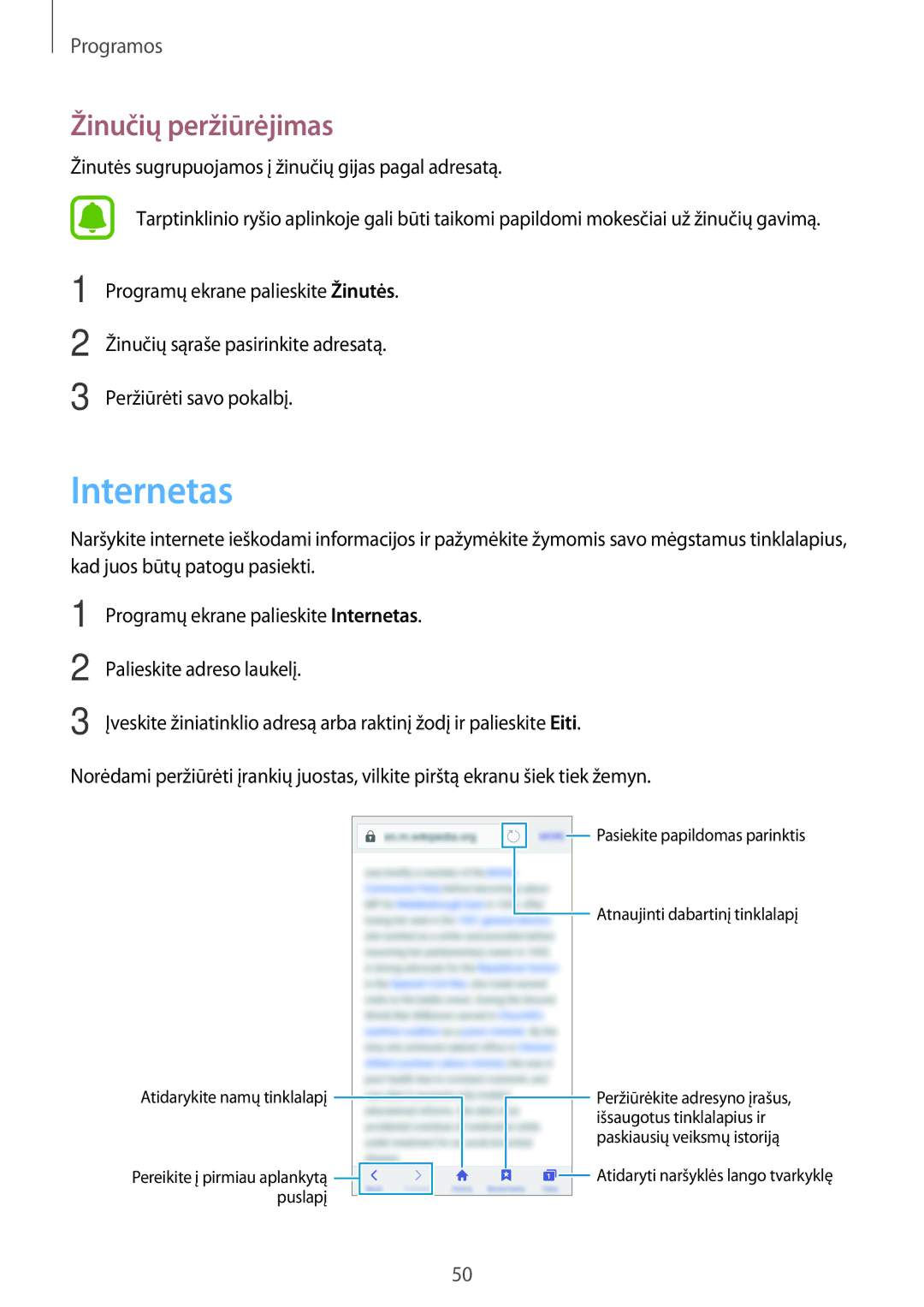 Samsung SM-G903FZDASEB, SM-G903FZSASEB, SM-G903FZKASEB manual Internetas, Žinučių peržiūrėjimas 