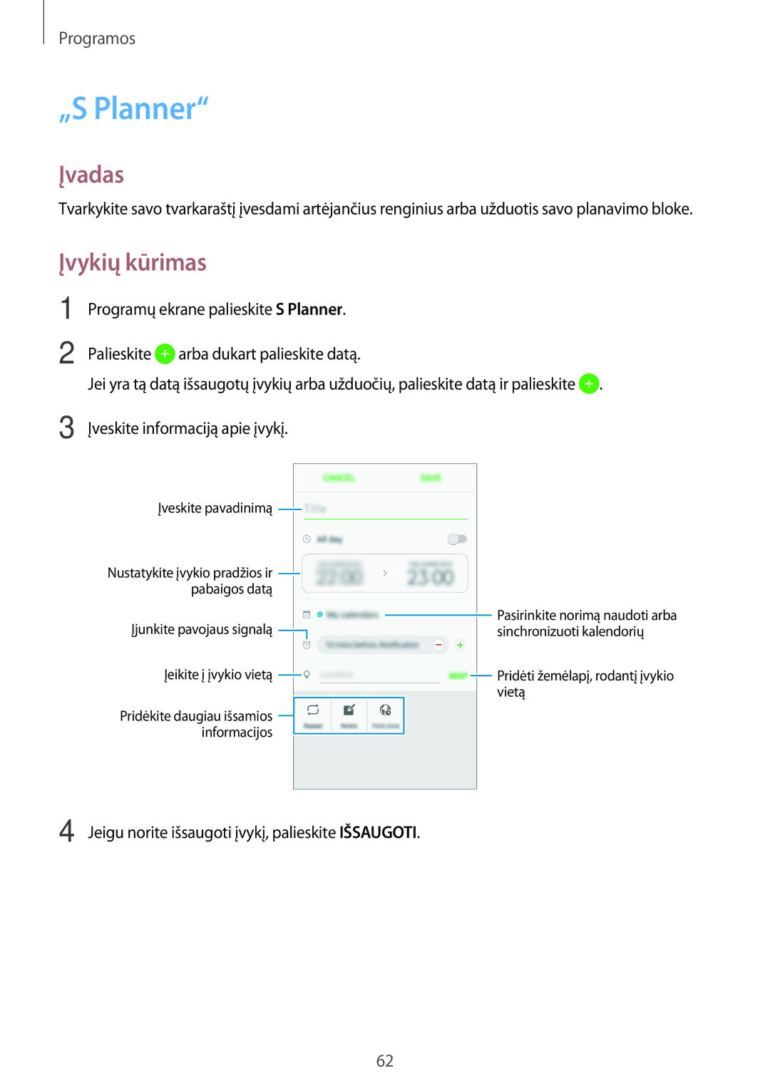 Samsung SM-G903FZDASEB, SM-G903FZSASEB, SM-G903FZKASEB manual „S Planner, Įvykių kūrimas 