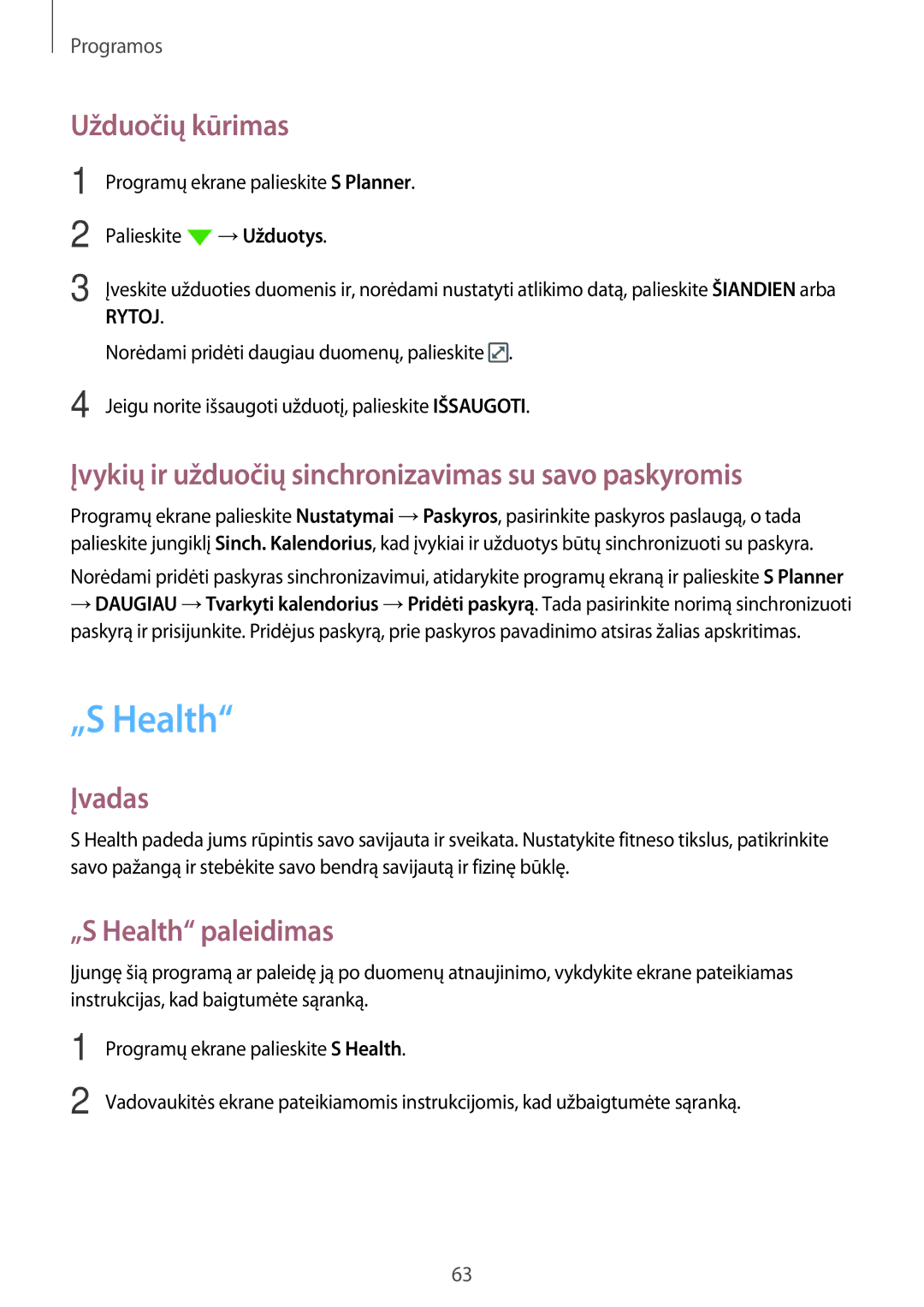 Samsung SM-G903FZSASEB, SM-G903FZKASEB „S Health, Užduočių kūrimas, Įvykių ir užduočių sinchronizavimas su savo paskyromis 