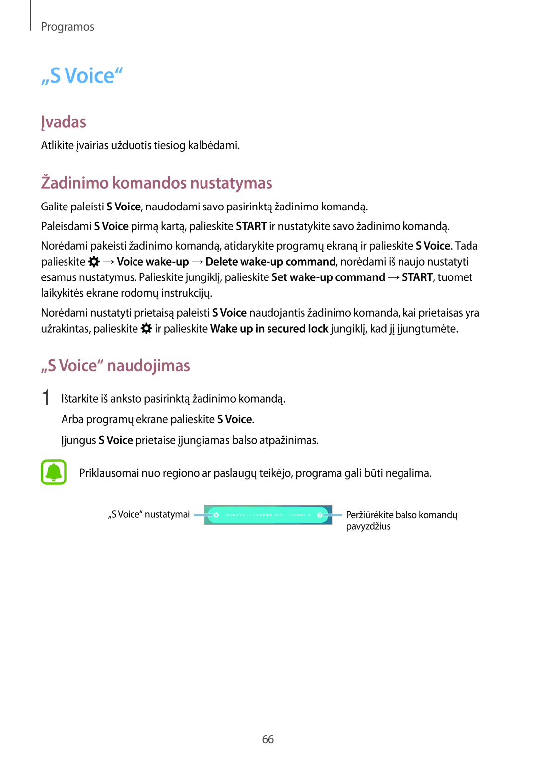 Samsung SM-G903FZSASEB, SM-G903FZKASEB, SM-G903FZDASEB manual Žadinimo komandos nustatymas, „S Voice naudojimas 