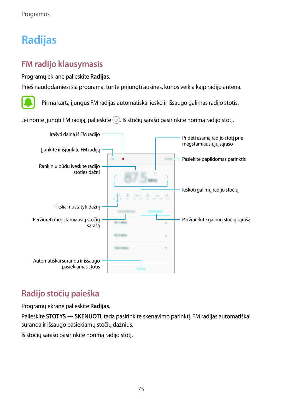 Samsung SM-G903FZSASEB, SM-G903FZKASEB, SM-G903FZDASEB manual Radijas, FM radijo klausymasis, Radijo stočių paieška 