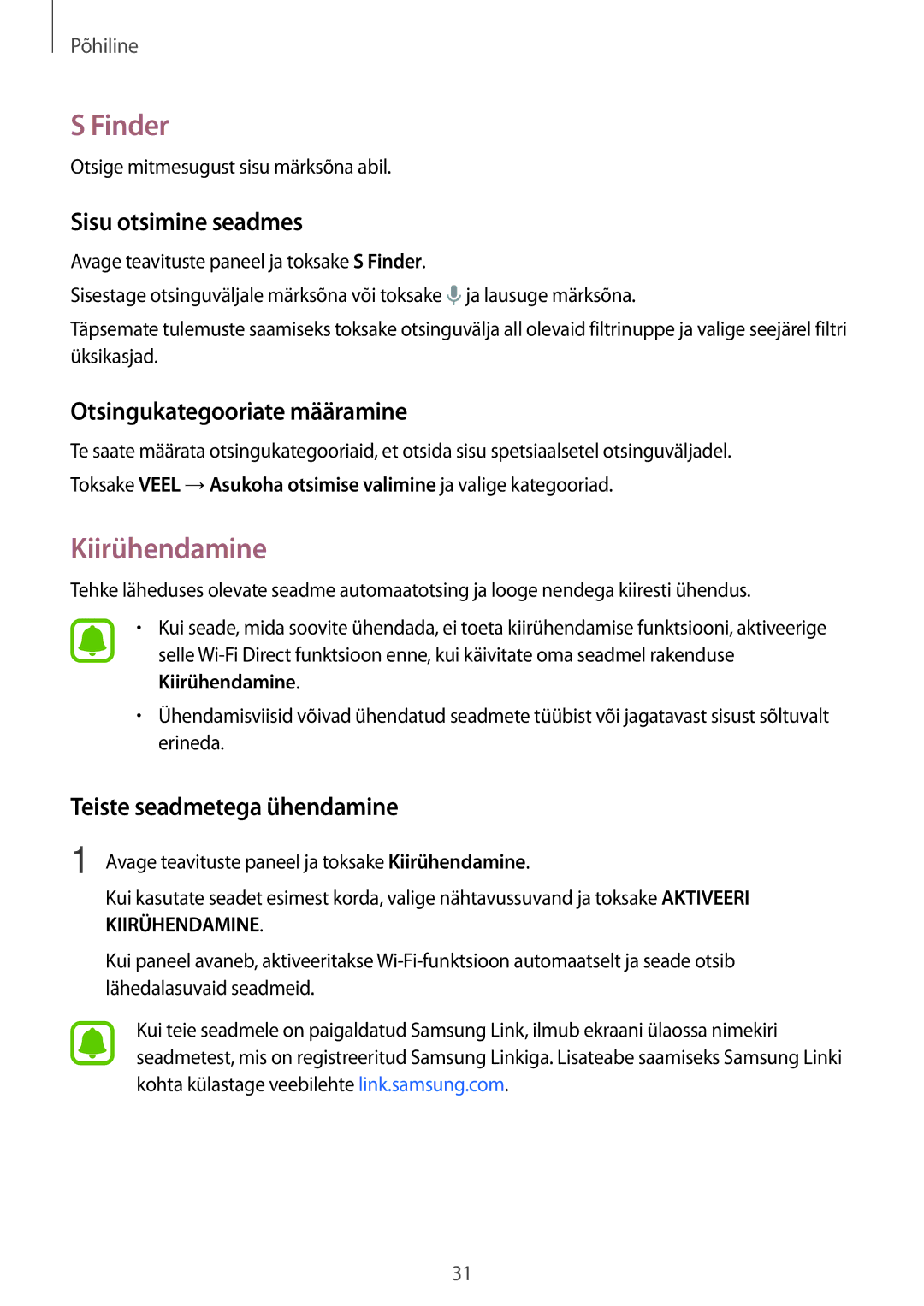 Samsung SM-G903FZKASEB, SM-G903FZSASEB manual Finder, Kiirühendamine, Sisu otsimine seadmes, Otsingukategooriate määramine 