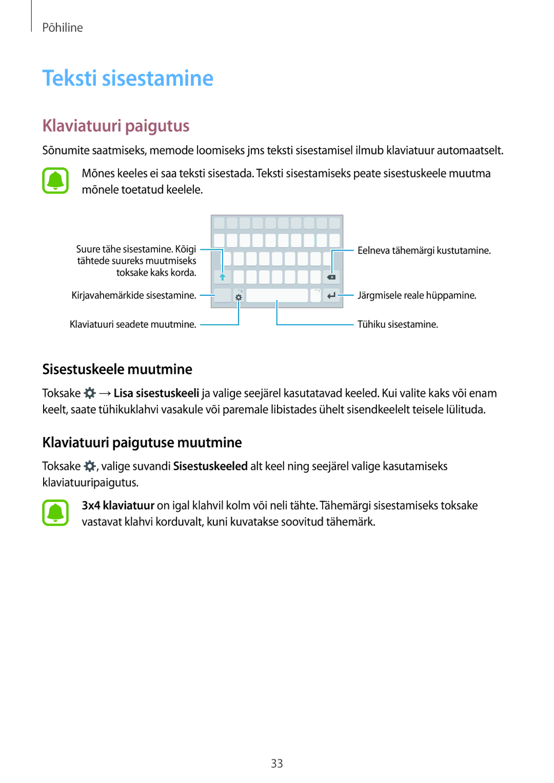 Samsung SM-G903FZSASEB, SM-G903FZKASEB manual Teksti sisestamine, Sisestuskeele muutmine, Klaviatuuri paigutuse muutmine 