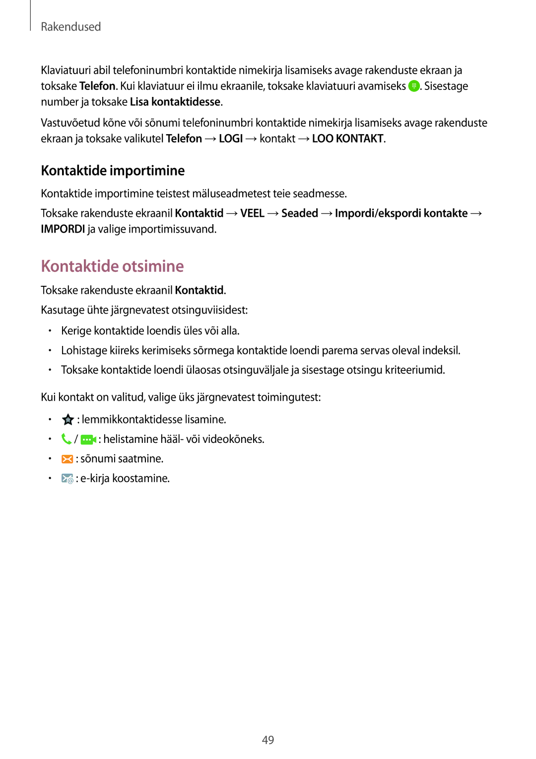 Samsung SM-G903FZKASEB, SM-G903FZSASEB, SM-G903FZDASEB manual Kontaktide otsimine, Kontaktide importimine 