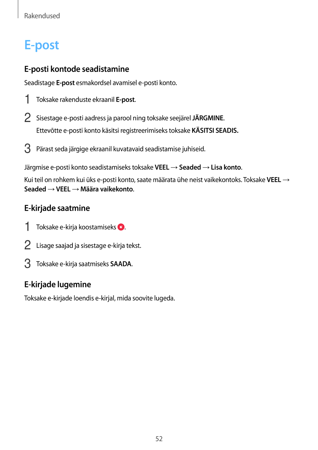 Samsung SM-G903FZKASEB, SM-G903FZSASEB, SM-G903FZDASEB Posti kontode seadistamine, Kirjade saatmine, Kirjade lugemine 