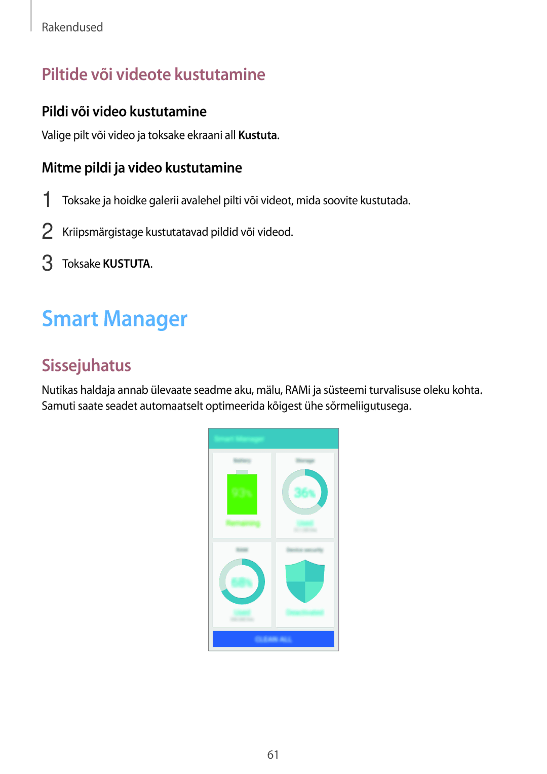 Samsung SM-G903FZKASEB, SM-G903FZSASEB manual Smart Manager, Piltide või videote kustutamine, Pildi või video kustutamine 