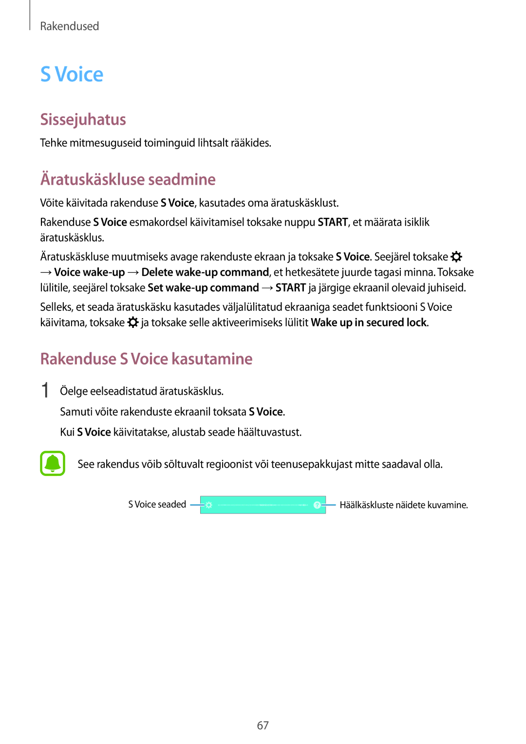 Samsung SM-G903FZKASEB, SM-G903FZSASEB, SM-G903FZDASEB manual Äratuskäskluse seadmine, Rakenduse S Voice kasutamine 
