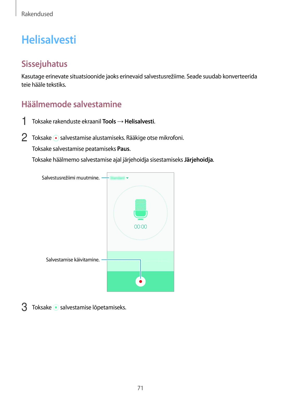 Samsung SM-G903FZDASEB, SM-G903FZSASEB, SM-G903FZKASEB manual Helisalvesti, Häälmemode salvestamine 