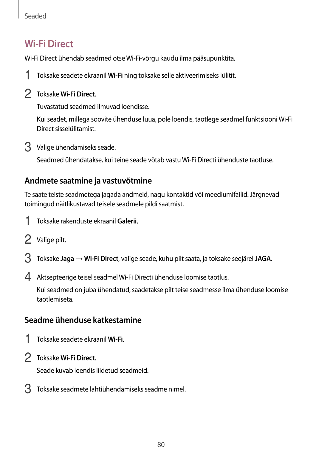 Samsung SM-G903FZDASEB manual Andmete saatmine ja vastuvõtmine, Seadme ühenduse katkestamine, Toksake Wi-Fi Direct 