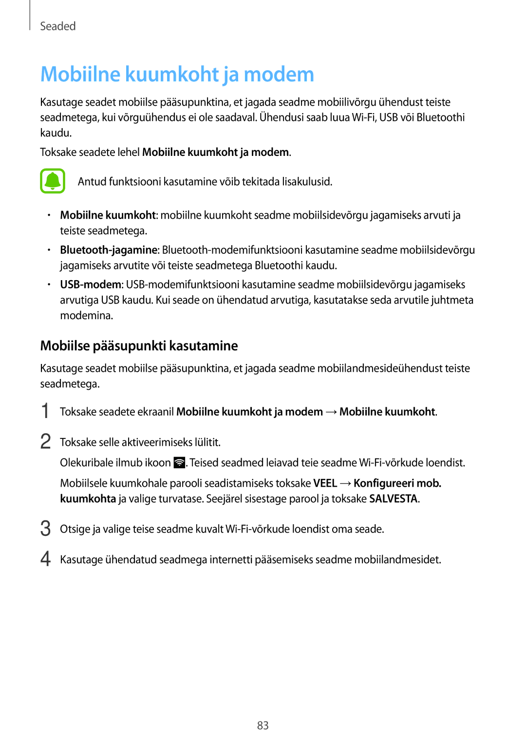 Samsung SM-G903FZDASEB, SM-G903FZSASEB, SM-G903FZKASEB manual Mobiilne kuumkoht ja modem, Mobiilse pääsupunkti kasutamine 