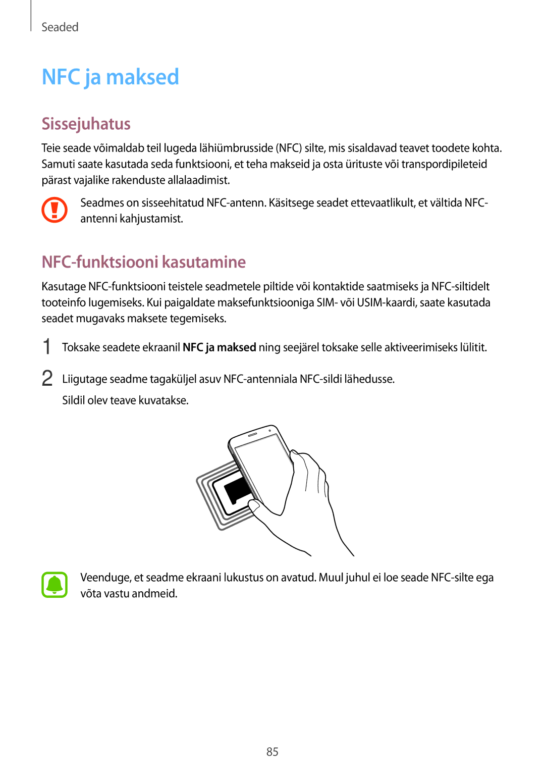 Samsung SM-G903FZKASEB, SM-G903FZSASEB, SM-G903FZDASEB manual NFC ja maksed, NFC-funktsiooni kasutamine 