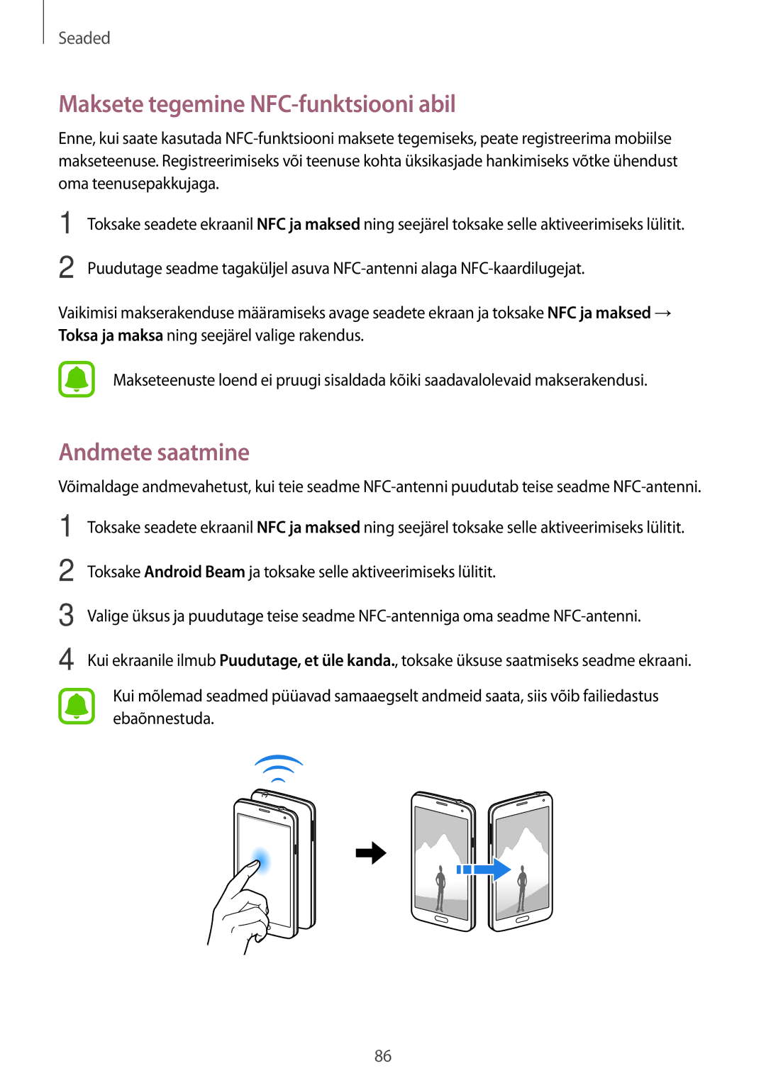 Samsung SM-G903FZDASEB, SM-G903FZSASEB, SM-G903FZKASEB manual Maksete tegemine NFC-funktsiooni abil, Andmete saatmine 