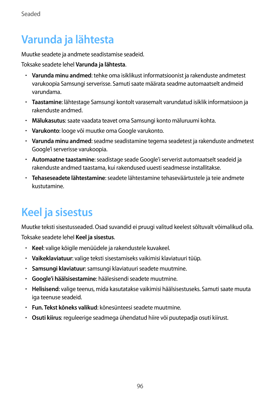 Samsung SM-G903FZSASEB, SM-G903FZKASEB, SM-G903FZDASEB manual Varunda ja lähtesta, Keel ja sisestus 