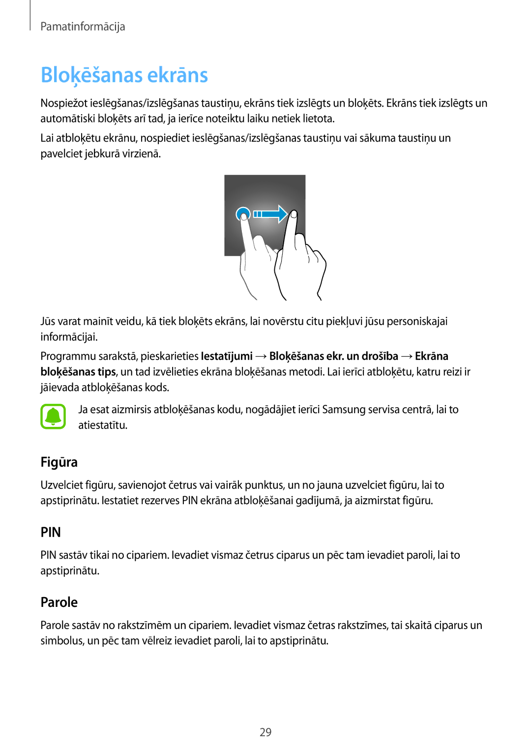 Samsung SM-G903FZDASEB, SM-G903FZSASEB, SM-G903FZKASEB manual Bloķēšanas ekrāns, Figūra, Parole 