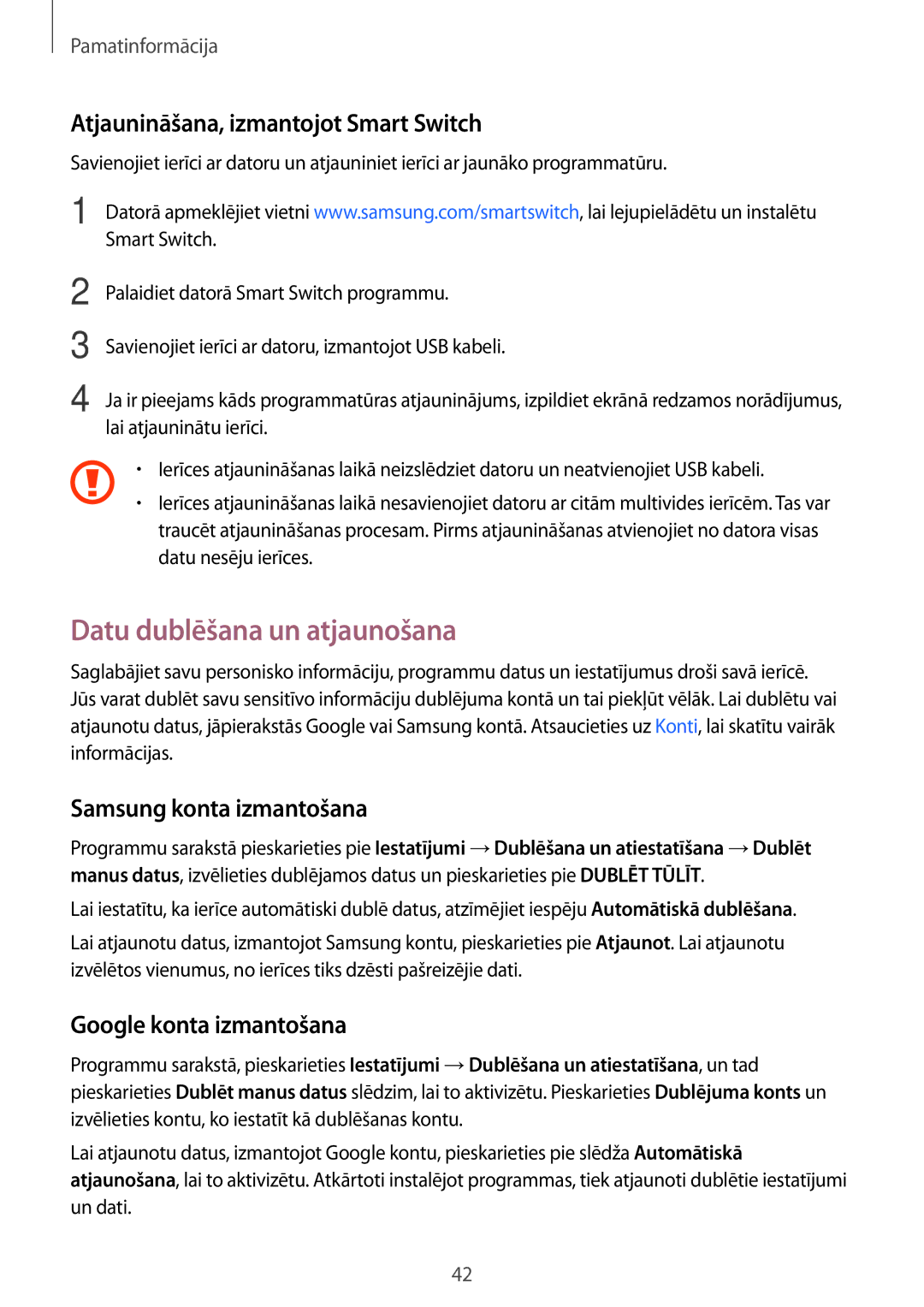 Samsung SM-G903FZSASEB Datu dublēšana un atjaunošana, Atjaunināšana, izmantojot Smart Switch, Samsung konta izmantošana 