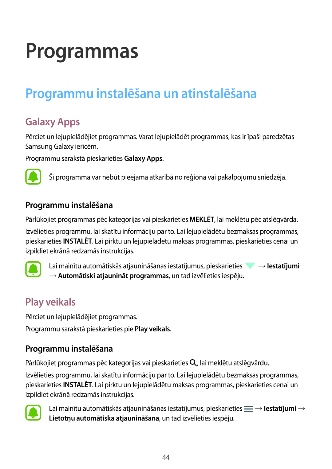 Samsung SM-G903FZDASEB, SM-G903FZSASEB, SM-G903FZKASEB Programmu instalēšana un atinstalēšana, Galaxy Apps, Play veikals 