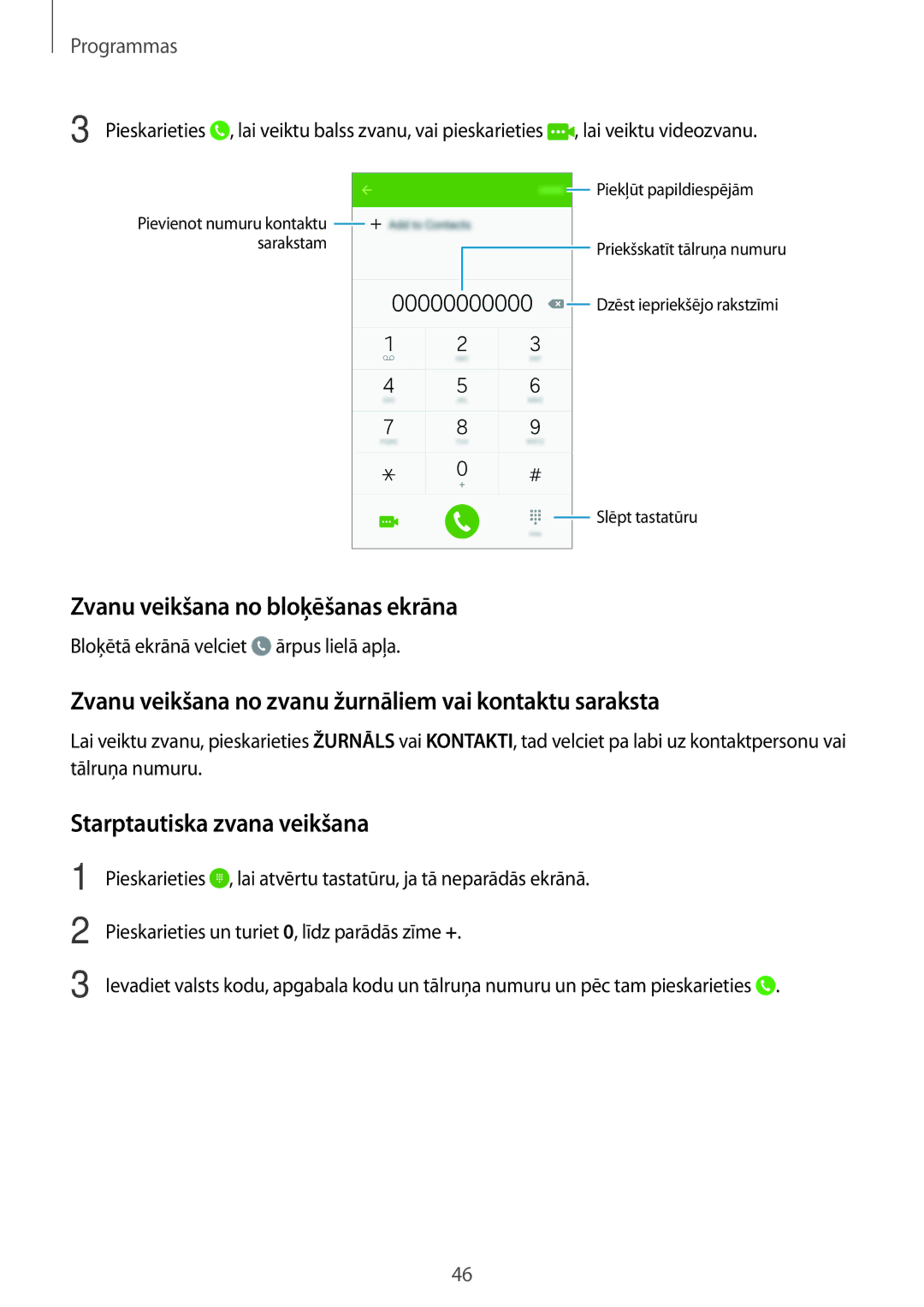 Samsung SM-G903FZKASEB manual Zvanu veikšana no bloķēšanas ekrāna, Zvanu veikšana no zvanu žurnāliem vai kontaktu saraksta 