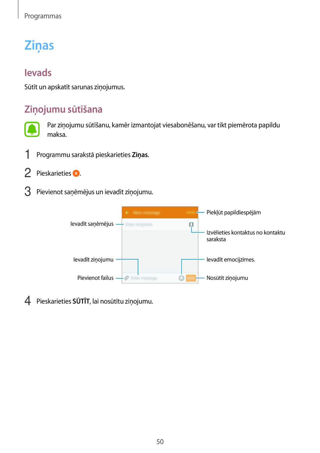 Samsung SM-G903FZDASEB, SM-G903FZSASEB, SM-G903FZKASEB manual Ziņas, Ziņojumu sūtīšana 