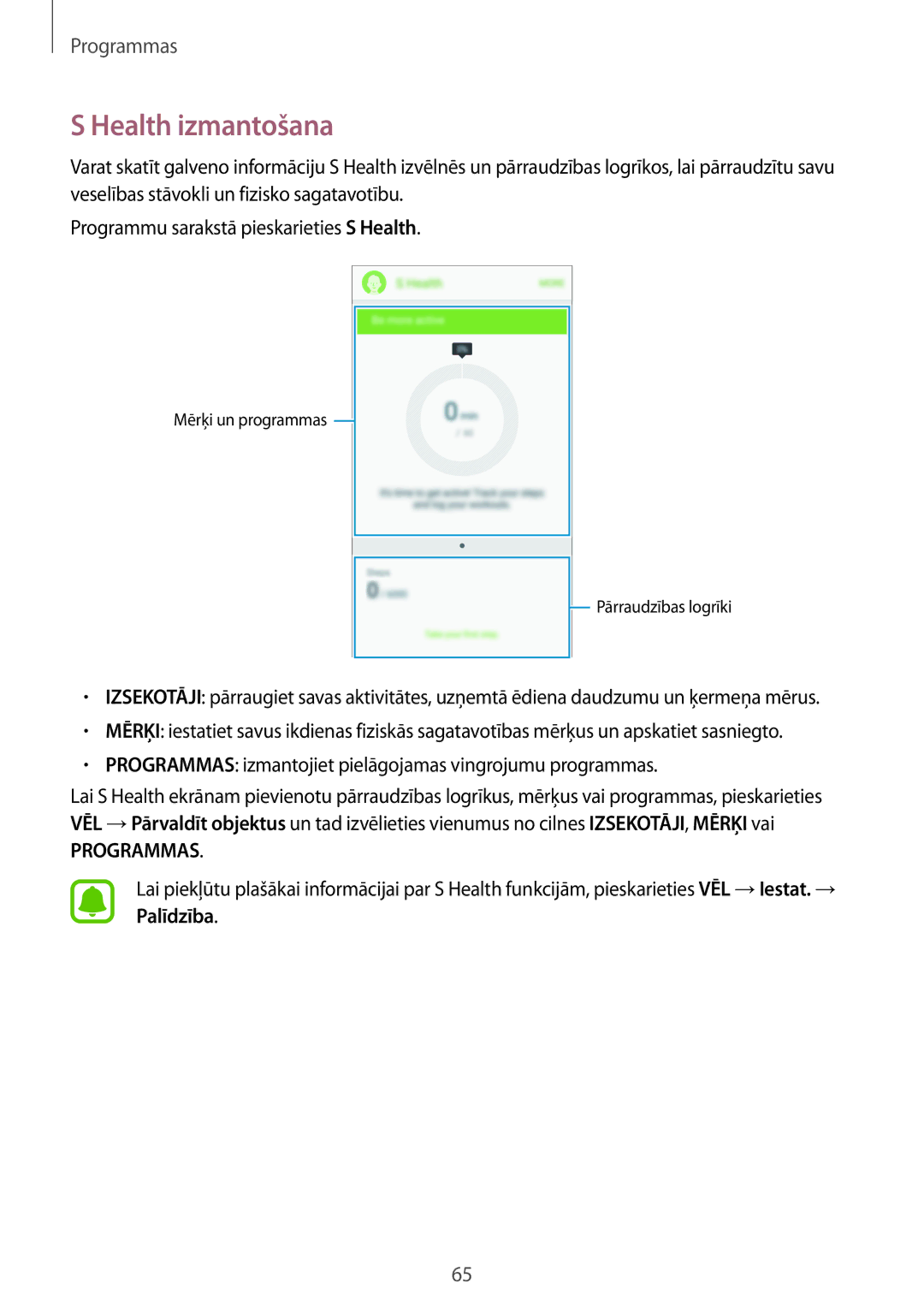 Samsung SM-G903FZDASEB, SM-G903FZSASEB, SM-G903FZKASEB manual Health izmantošana, Programmas 