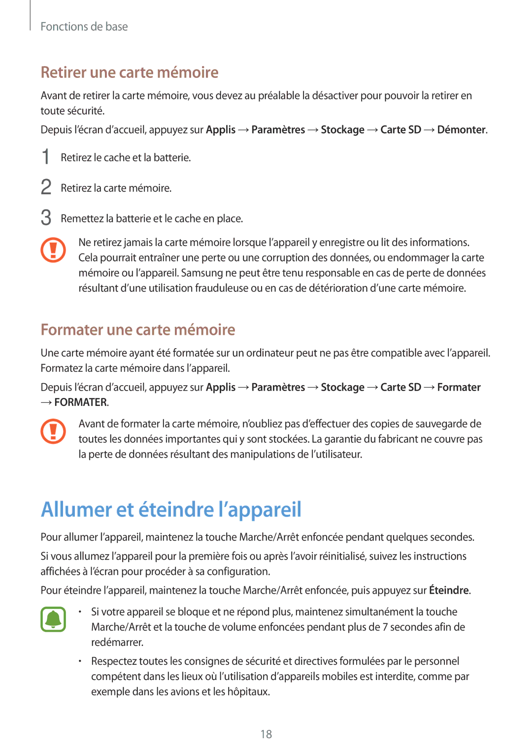 Samsung SM-G903FZSAXEF manual Allumer et éteindre l’appareil, Retirer une carte mémoire, Formater une carte mémoire 