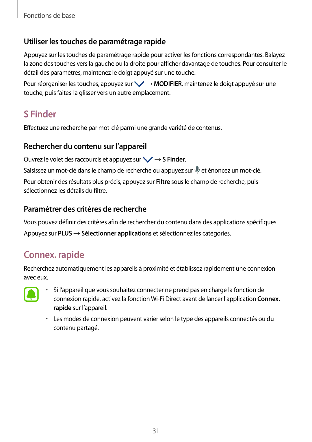 Samsung SM-G903FZKAXEF, SM-G903FZSAXEF, SM-G903FZDAXEF Finder, Connex. rapide, Utiliser les touches de paramétrage rapide 