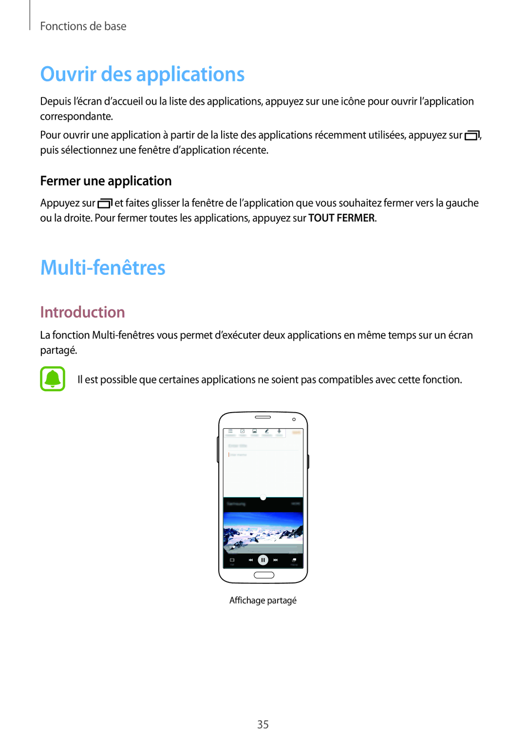Samsung SM-G903FZDAXEF, SM-G903FZSAXEF manual Ouvrir des applications, Multi-fenêtres, Introduction, Fermer une application 