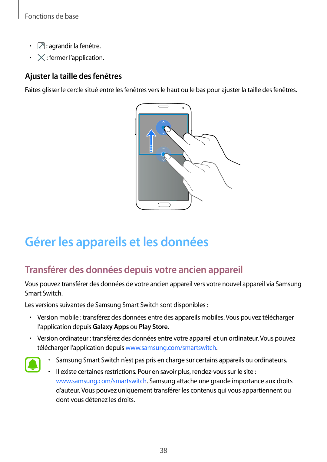 Samsung SM-G903FZDAXEF manual Gérer les appareils et les données, Transférer des données depuis votre ancien appareil 