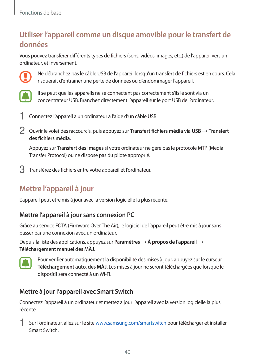 Samsung SM-G903FZKAXEF manual Mettre l’appareil à jour sans connexion PC, Mettre à jour l’appareil avec Smart Switch 