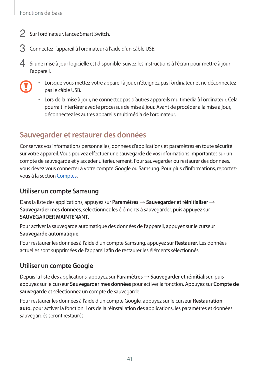 Samsung SM-G903FZDAXEF manual Sauvegarder et restaurer des données, Utiliser un compte Samsung, Utiliser un compte Google 