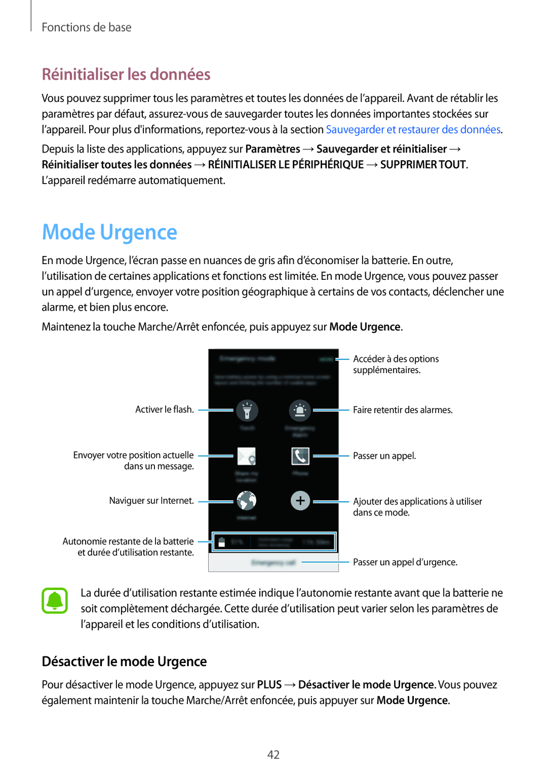 Samsung SM-G903FZSAXEF, SM-G903FZKAXEF, SM-G903FZDAXEF Mode Urgence, Réinitialiser les données, Désactiver le mode Urgence 