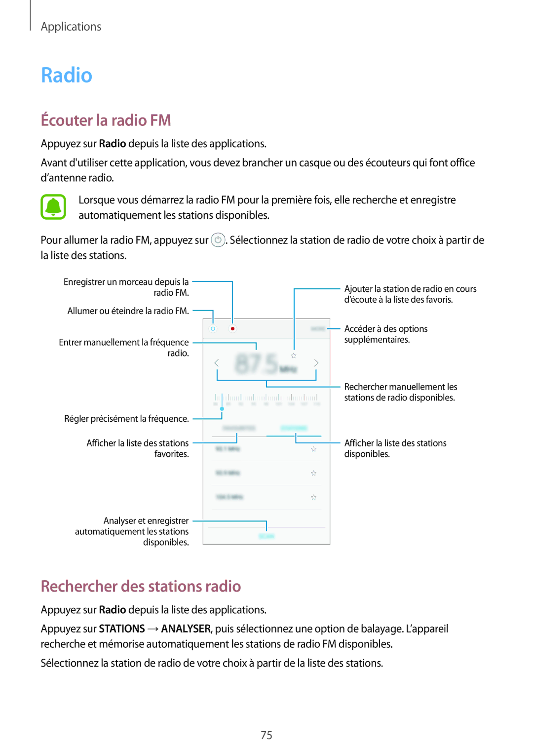 Samsung SM-G903FZSAXEF, SM-G903FZKAXEF, SM-G903FZDAXEF manual Radio, Écouter la radio FM, Rechercher des stations radio 