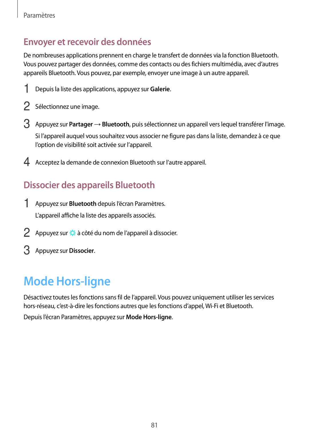 Samsung SM-G903FZSAXEF, SM-G903FZKAXEF Mode Hors-ligne, Envoyer et recevoir des données, Dissocier des appareils Bluetooth 