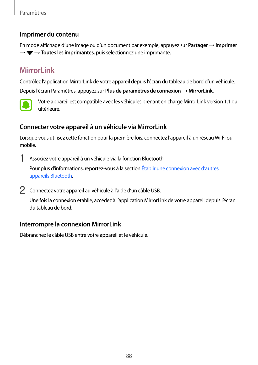 Samsung SM-G903FZKAXEF, SM-G903FZSAXEF manual Imprimer du contenu, Connecter votre appareil à un véhicule via MirrorLink 