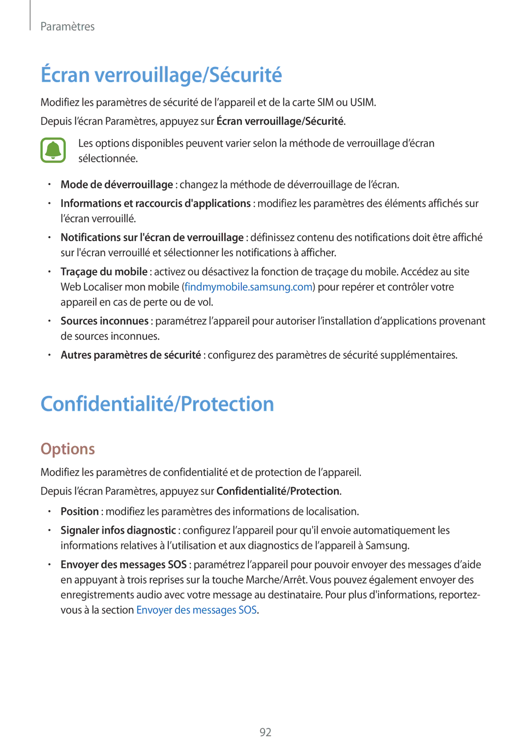 Samsung SM-G903FZDAXEF, SM-G903FZSAXEF, SM-G903FZKAXEF manual Écran verrouillage/Sécurité, Confidentialité/Protection 