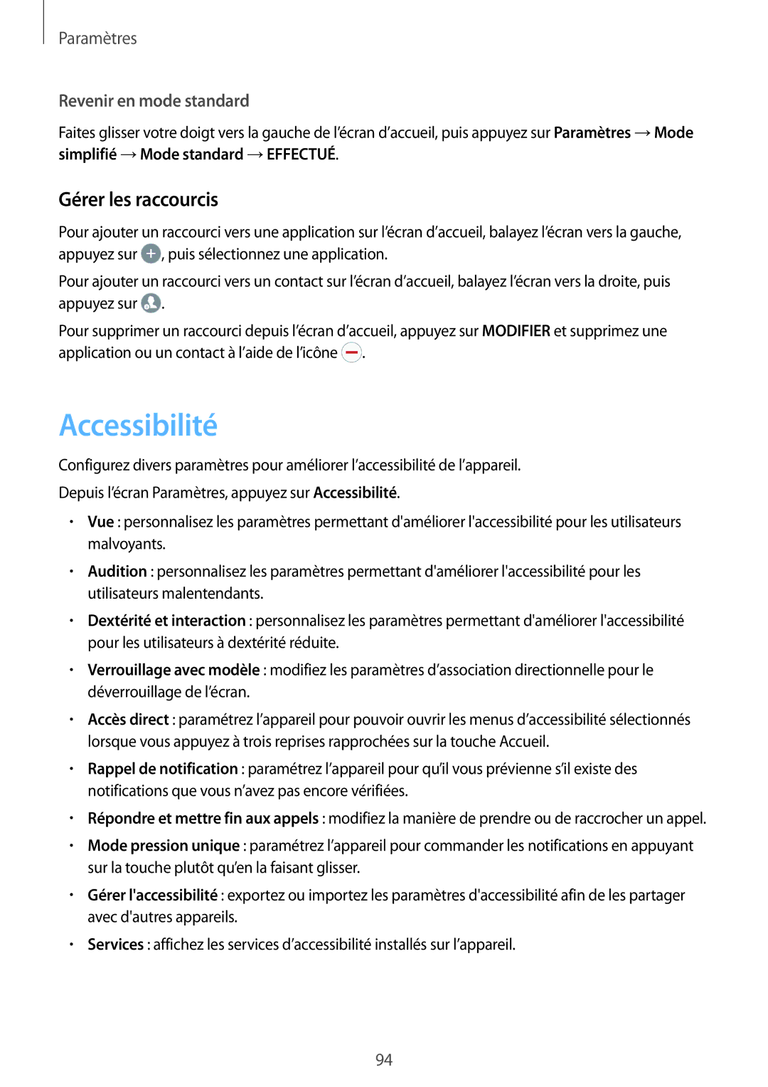 Samsung SM-G903FZKAXEF, SM-G903FZSAXEF, SM-G903FZDAXEF manual Accessibilité, Gérer les raccourcis 