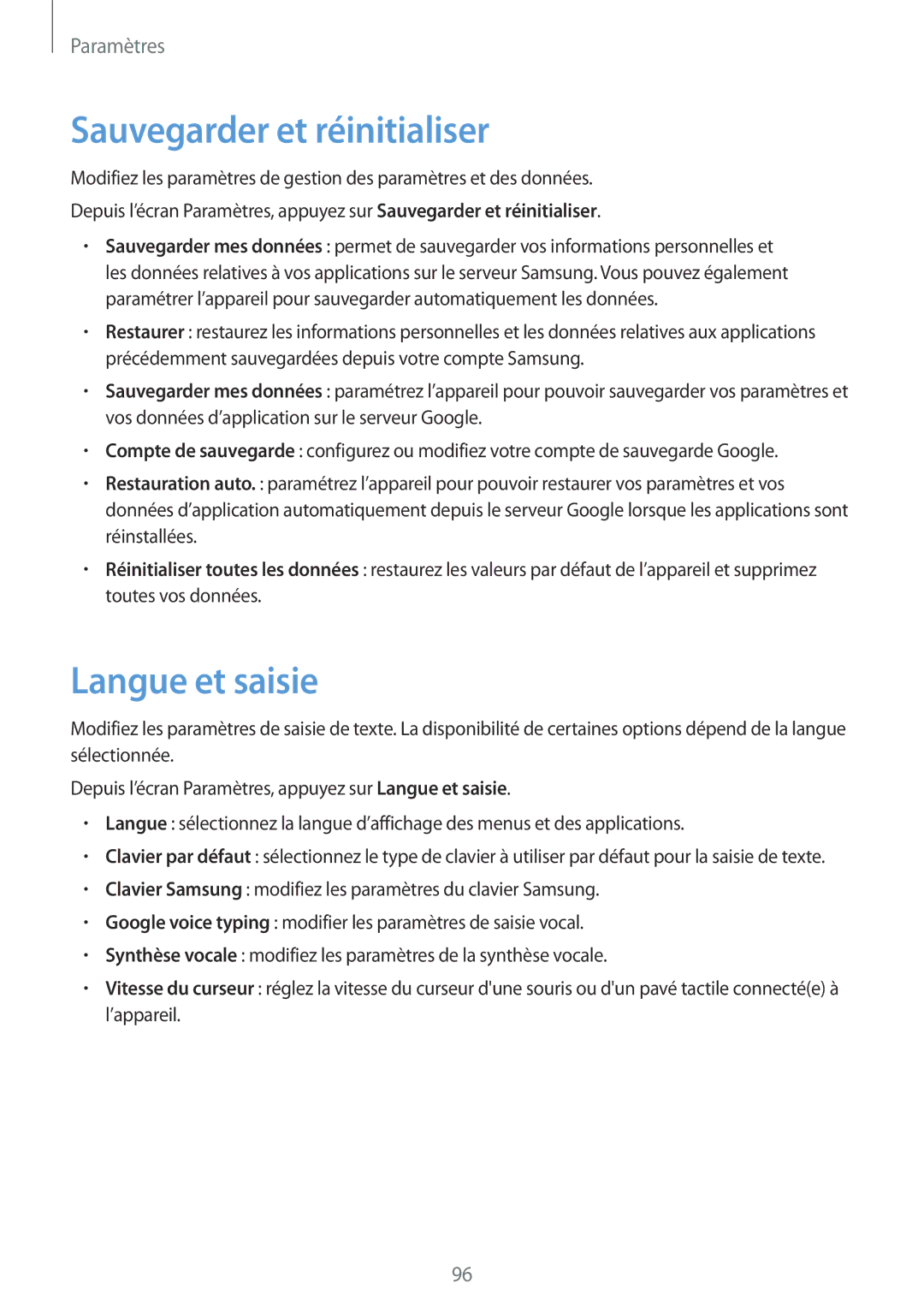 Samsung SM-G903FZSAXEF, SM-G903FZKAXEF, SM-G903FZDAXEF manual Sauvegarder et réinitialiser, Langue et saisie 