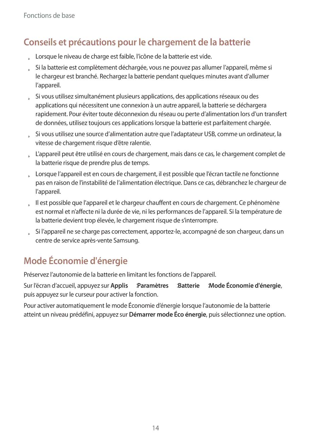 Samsung SM-G903FZDAXEF, SM-G903FZSAXEF Conseils et précautions pour le chargement de la batterie, Mode Économie dénergie 