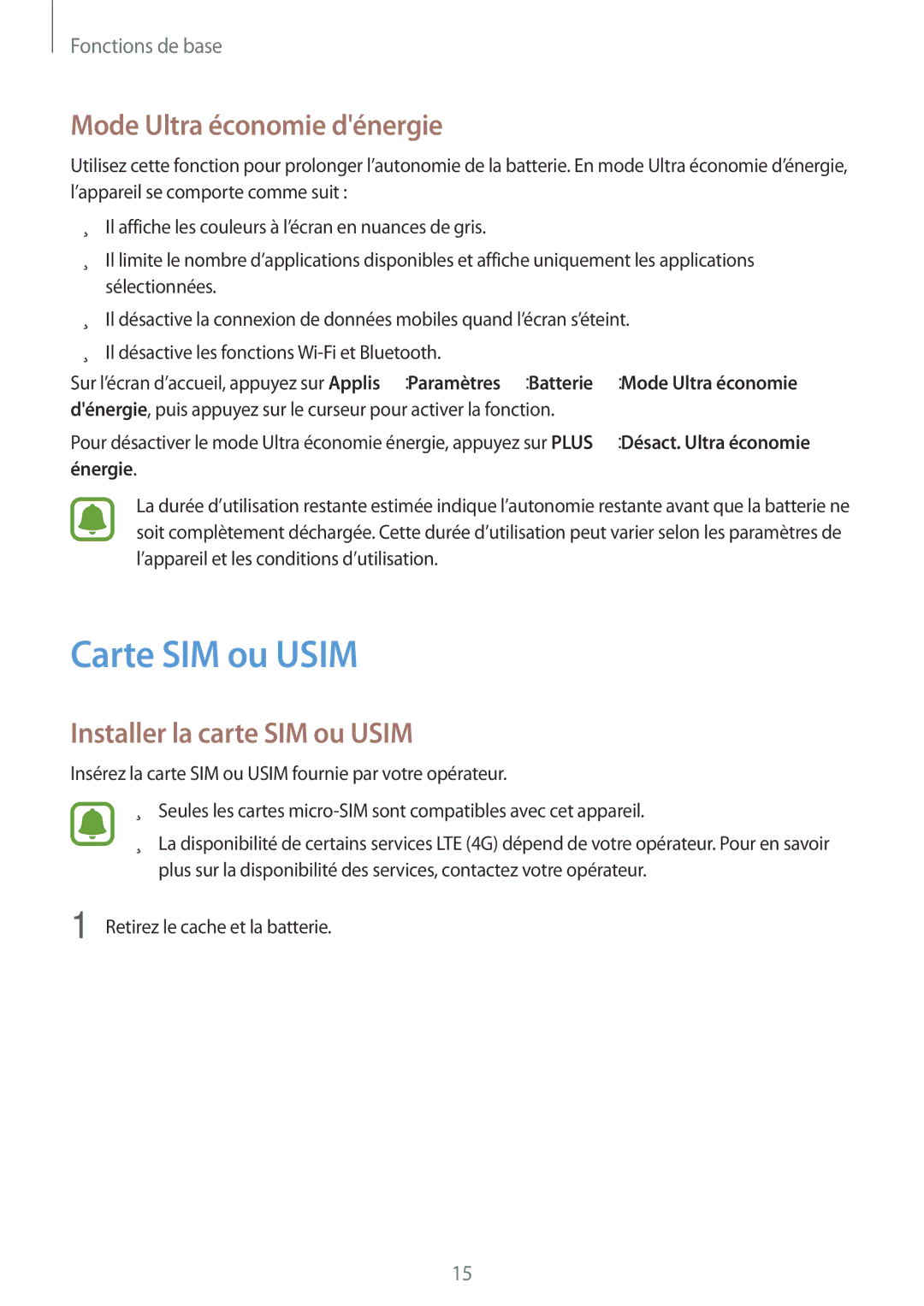 Samsung SM-G903FZSAXEF, SM-G903FZKAXEF Carte SIM ou Usim, Mode Ultra économie dénergie, Installer la carte SIM ou Usim 
