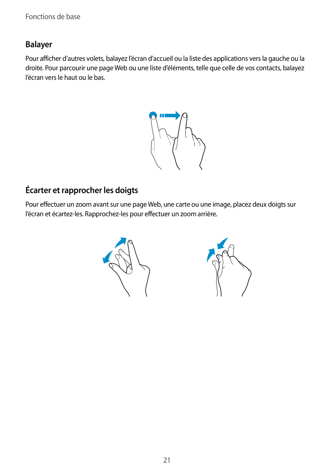 Samsung SM-G903FZSAXEF, SM-G903FZKAXEF, SM-G903FZDAXEF manual Balayer, Écarter et rapprocher les doigts 