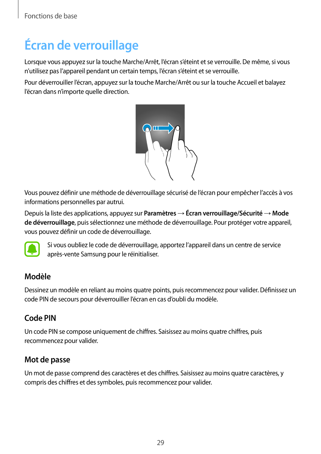 Samsung SM-G903FZDAXEF, SM-G903FZSAXEF, SM-G903FZKAXEF manual Écran de verrouillage, Modèle, Code PIN, Mot de passe 