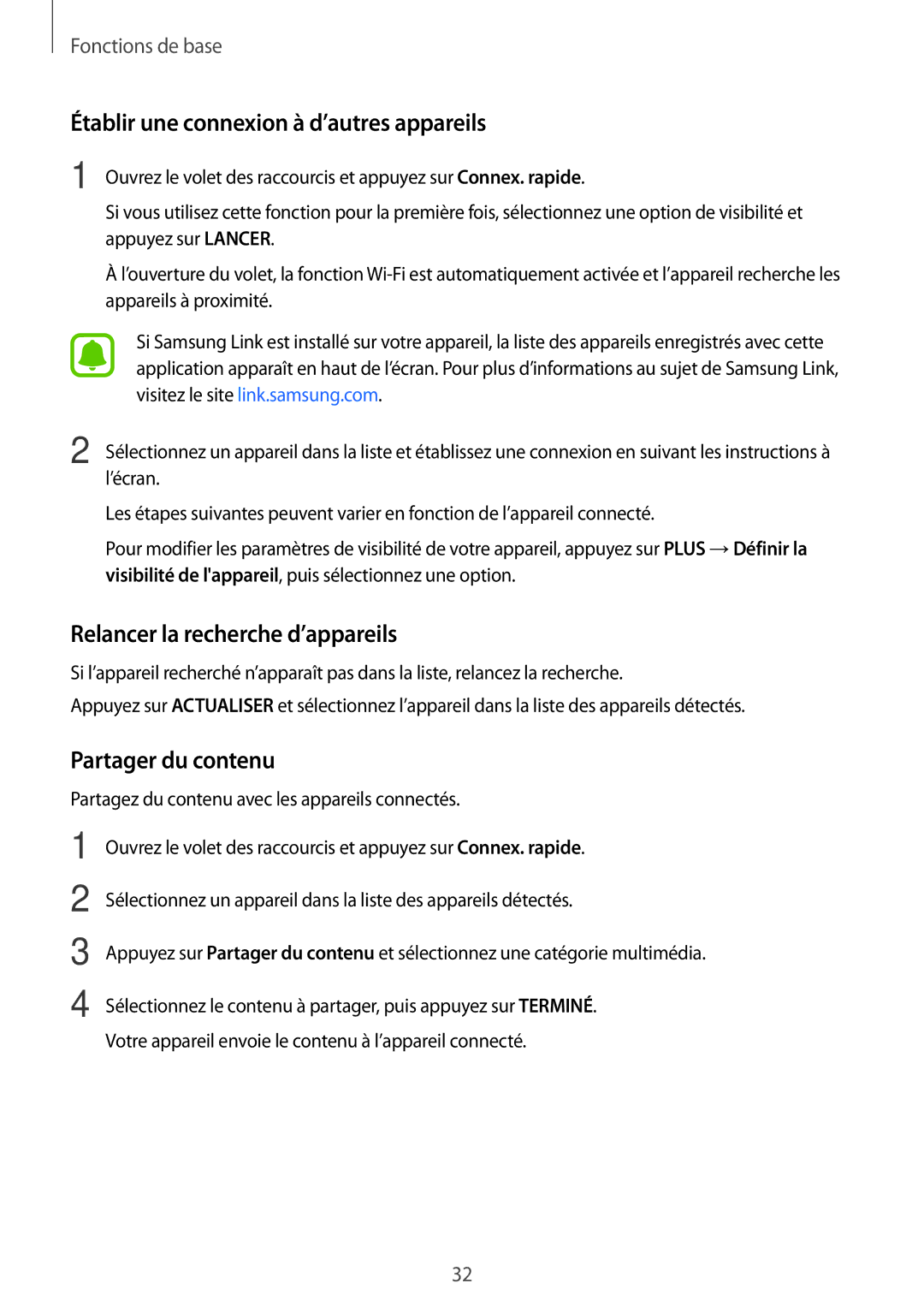 Samsung SM-G903FZDAXEF Établir une connexion à d’autres appareils, Relancer la recherche d’appareils, Partager du contenu 