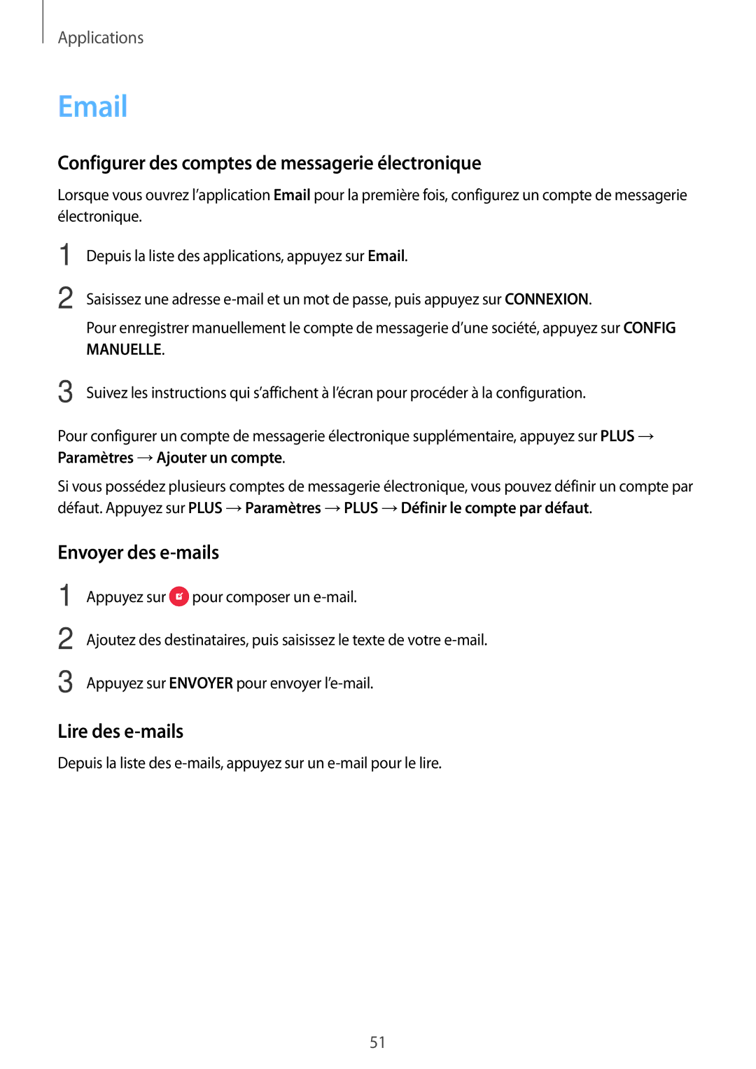 Samsung SM-G903FZSAXEF manual Configurer des comptes de messagerie électronique, Envoyer des e-mails, Lire des e-mails 