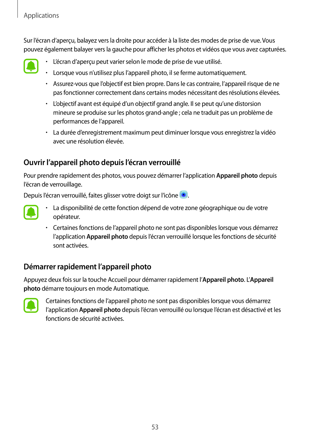 Samsung SM-G903FZDAXEF manual Ouvrir l’appareil photo depuis l’écran verrouillé, Démarrer rapidement l’appareil photo 